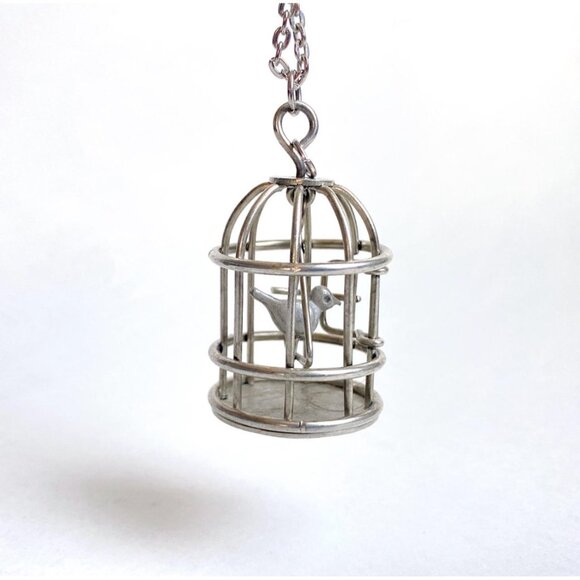 Silver Birdcage Pendant Necklace With Delicate Chain Unique Vintage Accessory - Picture 8 of 13